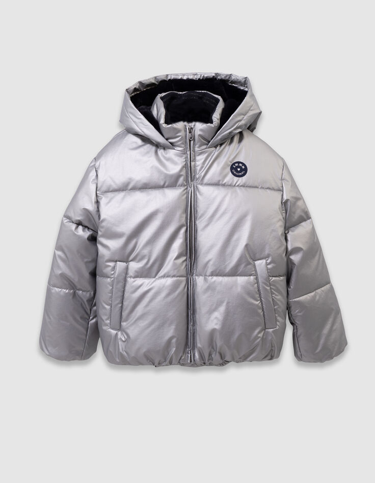 Girls’ silver padded jacket with navy fur-lined hood-1