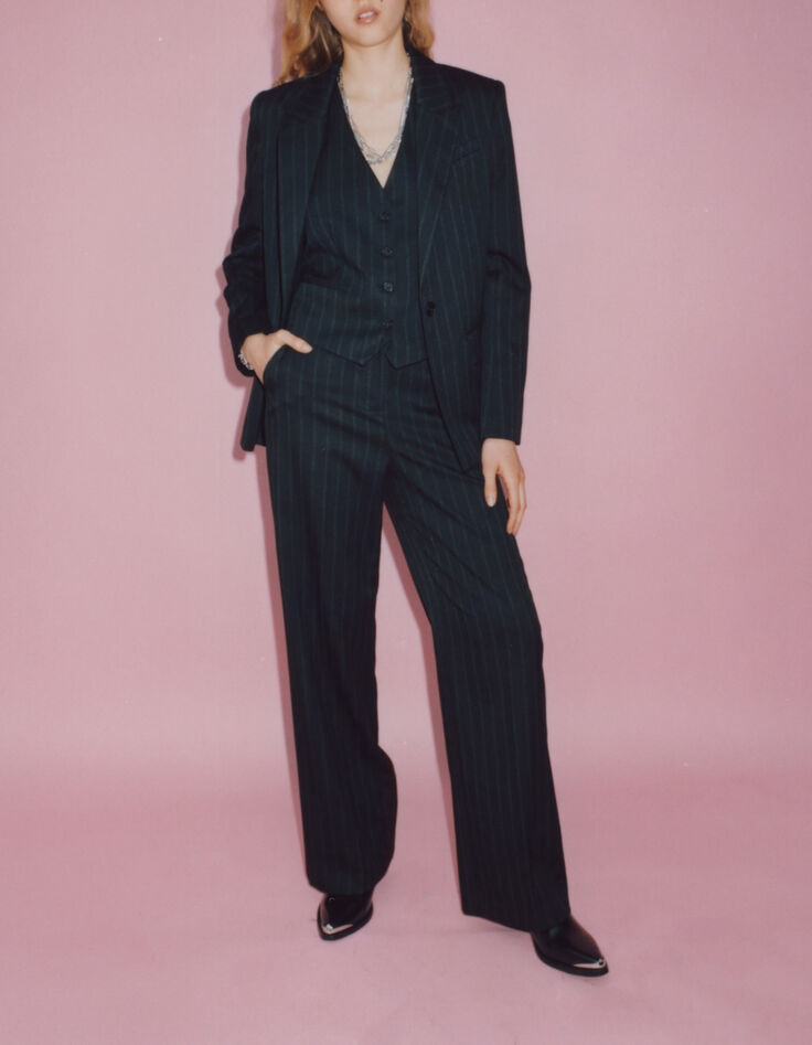 Women’s black high-waist wide-leg pinstripe trousers-1