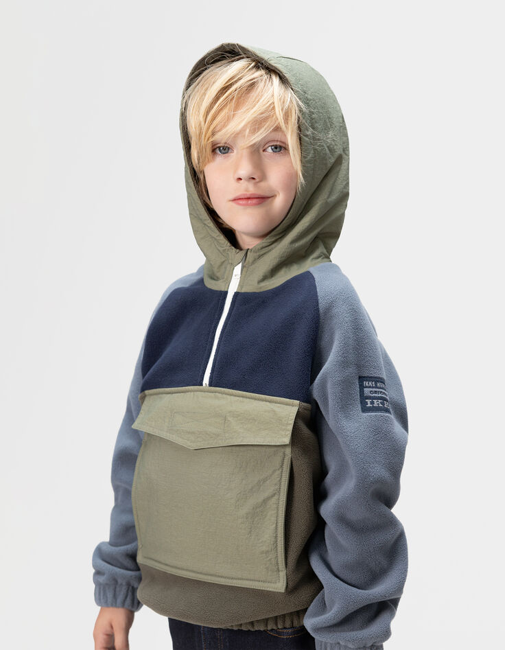 Hoodie kaki en blauw in fleece jongens-2