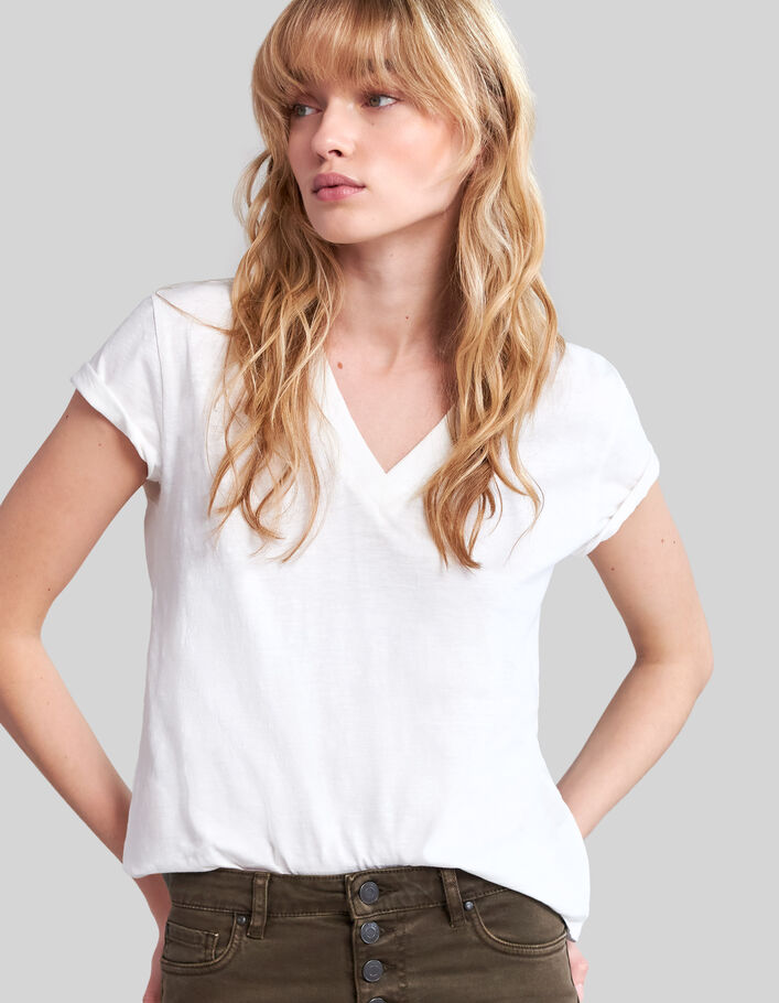 Camiseta blanco roto rayo bordado manga mujer-5