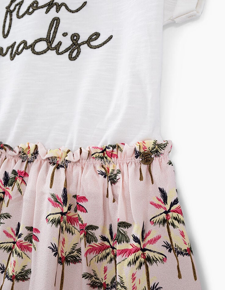 Girls’ off-white mixed fabric dress with palm print skirt-3 Girls’ off-white mixed fabric dress with palm print skirt-3