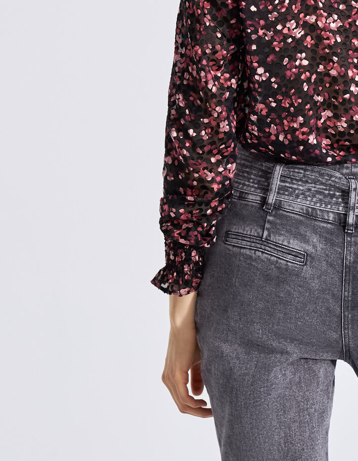 Women’s black sheer blouse with pink velvet print