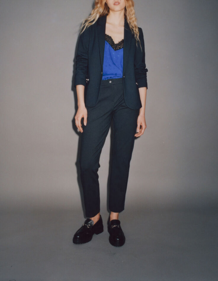 Women's navy slim 7/8 suit trousers with side bands-1