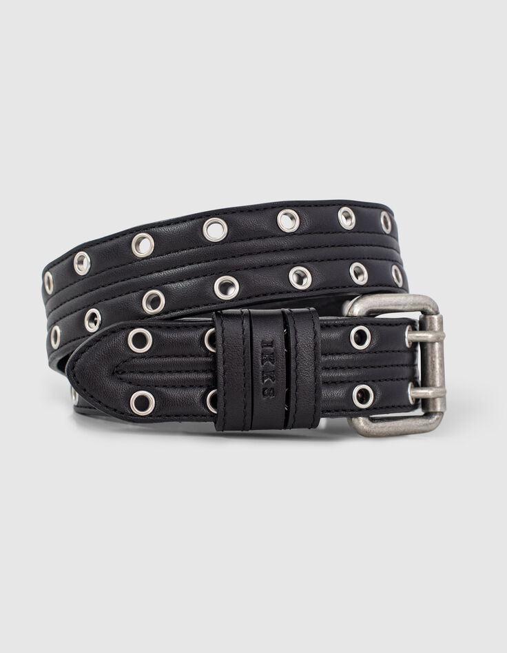 Women’s black quilted leather jeans belt with eyelets-2