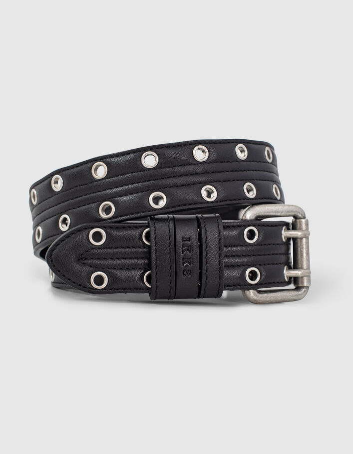 Women’s black quilted leather jeans belt with eyelets - IKKS