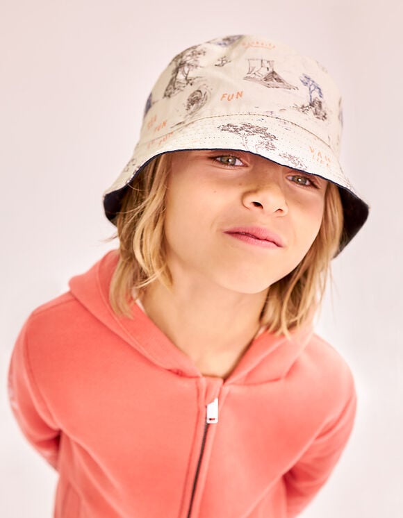 Boys’ printed ecru/navy reversible sun hat