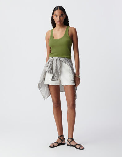 Women's green rib-knit tank top with herringbone embroidery on back - IKKS