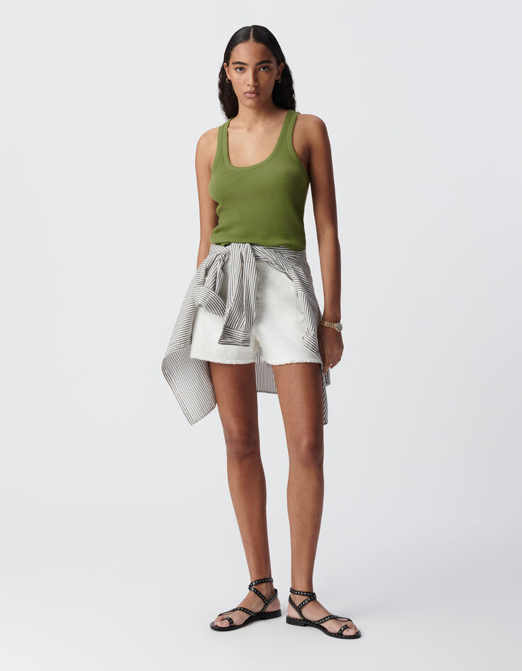 Women's green rib-knit tank top with herringbone embroidery on back-1