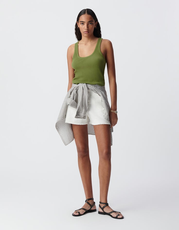 Women's green rib-knit tank top with herringbone embroidery on back-1 Women's green rib-knit tank top with herringbone embroidery on back-1