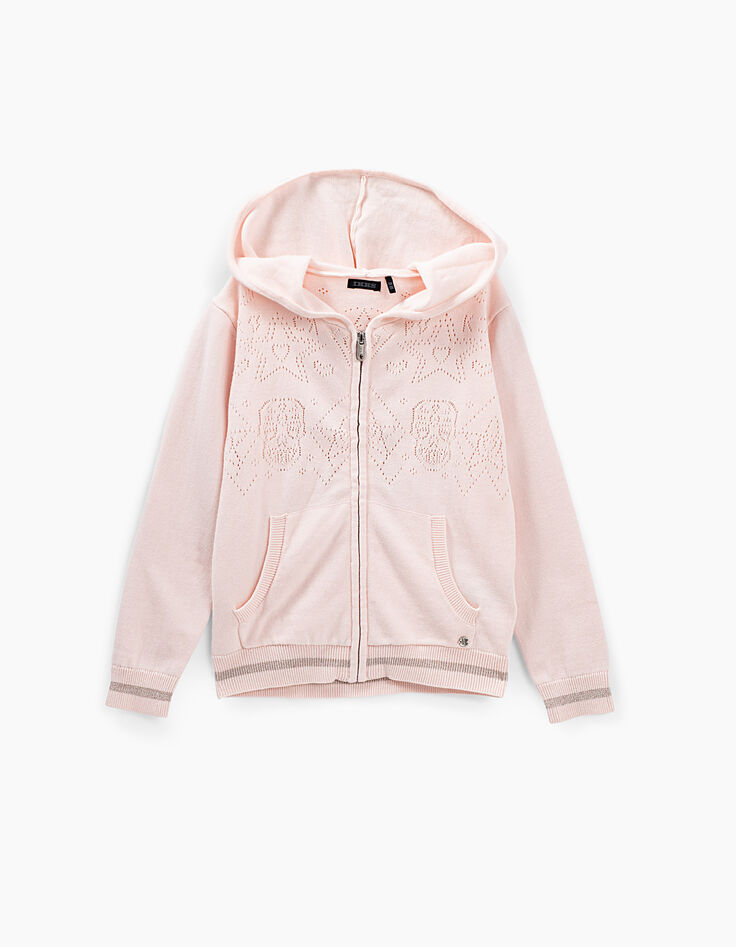 Zartrosa Mädchen-Strickjacke mit Fantasie-Lochmuster-1