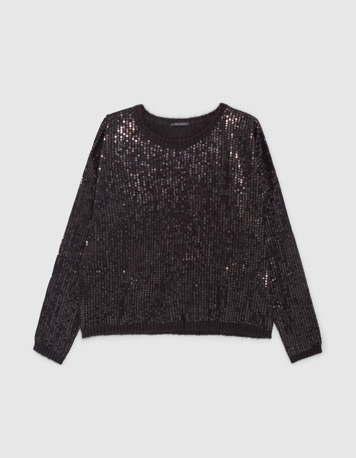 Women’s black knit oversize sweater, embroidered sequins - IKKS