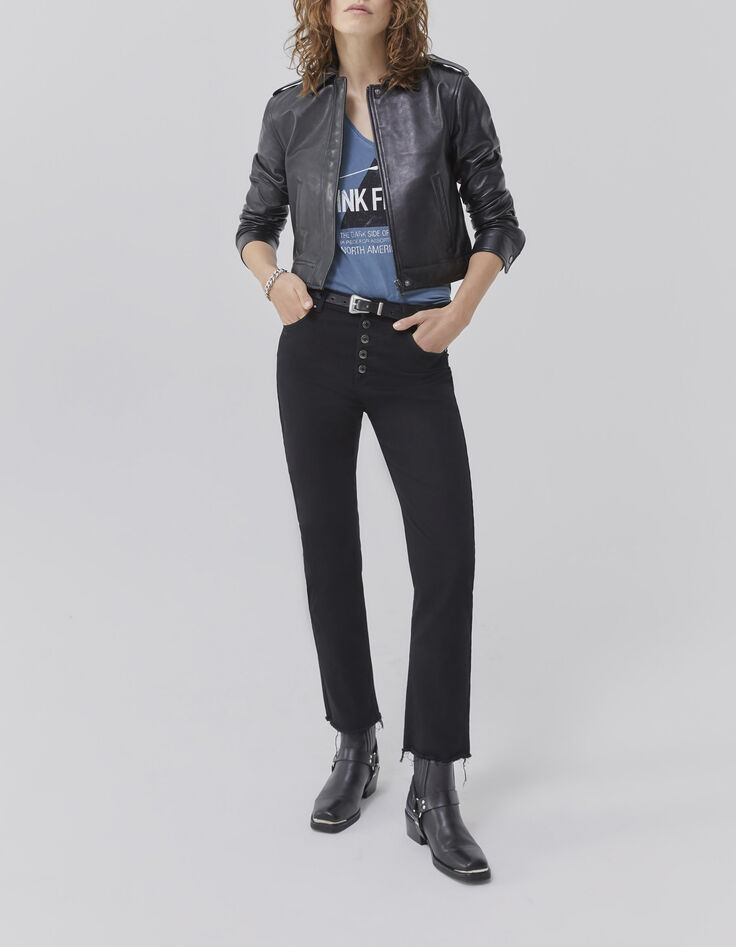 Veste courte en cuir noir avec pattes épaules Femme-7