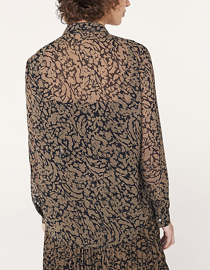 Voile damenblouse print kaki en zwart sieraden schouders-3