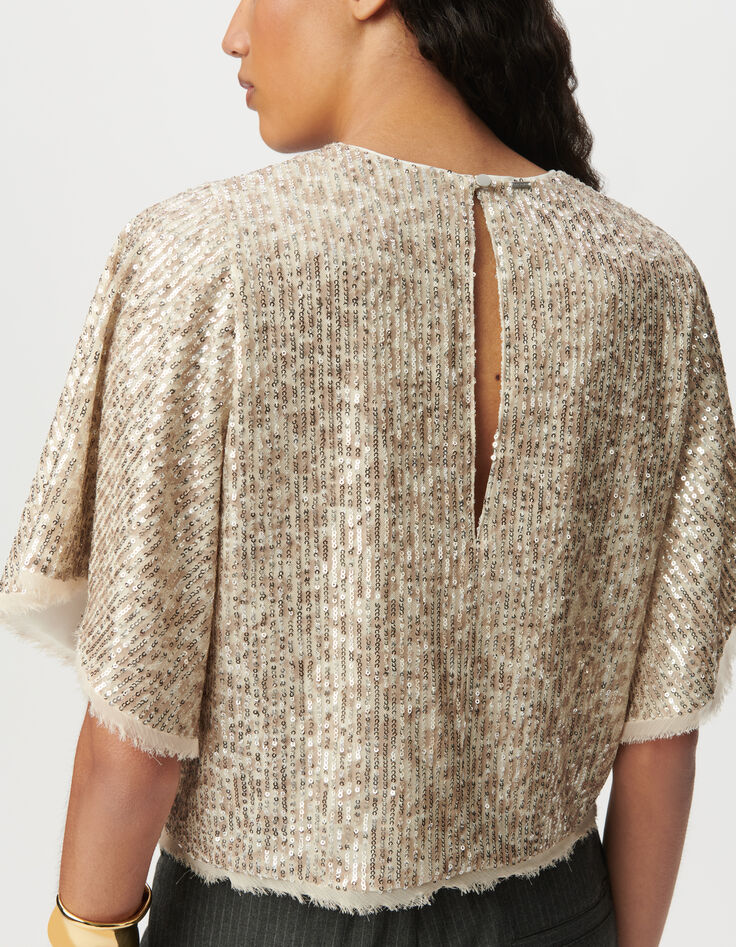 Beige top geborduurde gouden lovertjes vlindermouwen Dames-6