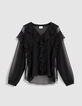 Zwarte, soepel vallende damesblouse met ruches en volants-6