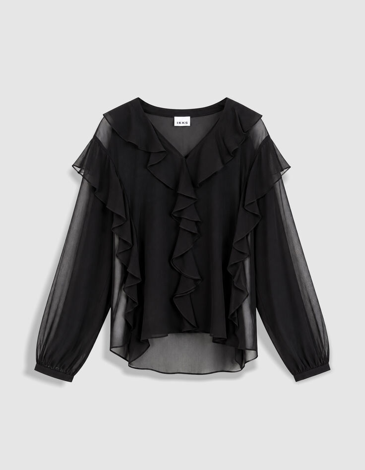 Zwarte, soepel vallende damesblouse met ruches en volants-6