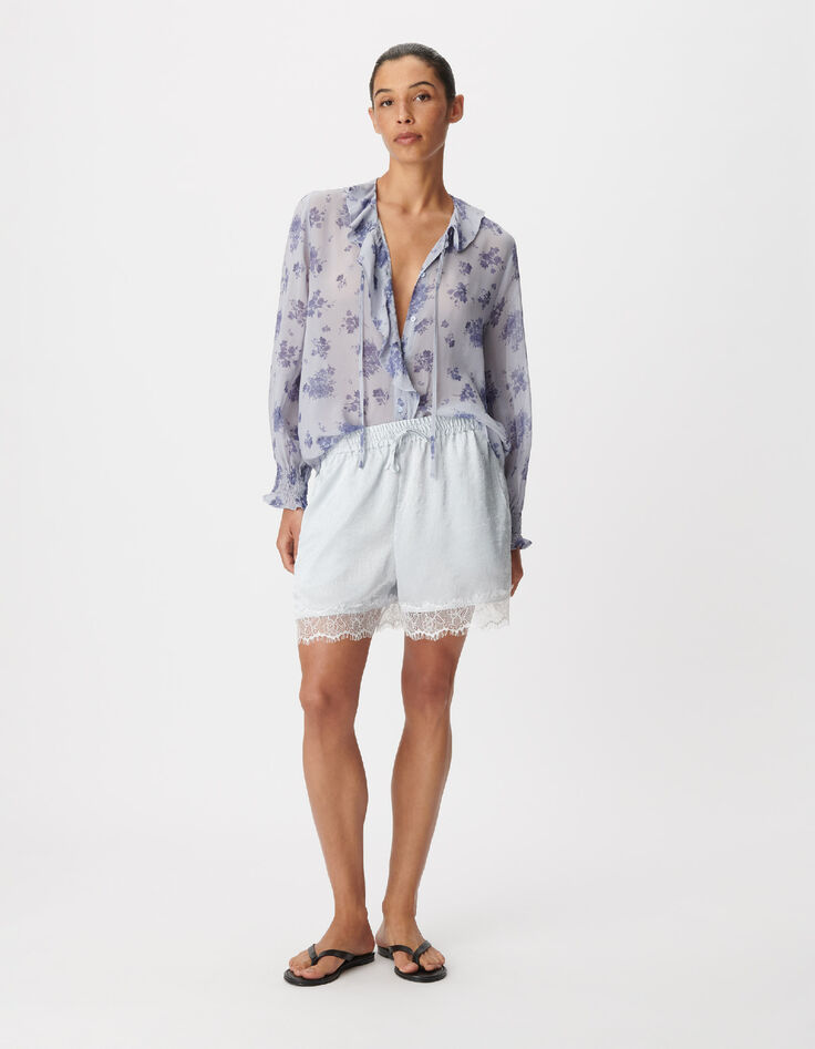 Women's blue micro flower print flowing shirt-1