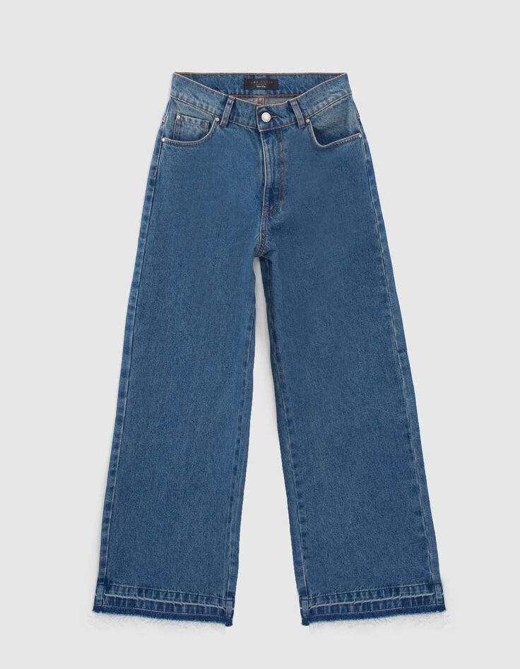 Jean large bleu taille haute 7/8e bas frangés Femme -6