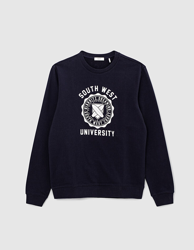 Marineblaues Herren-Sweatshirt, Wappen, Campus-Optik, Bio-5