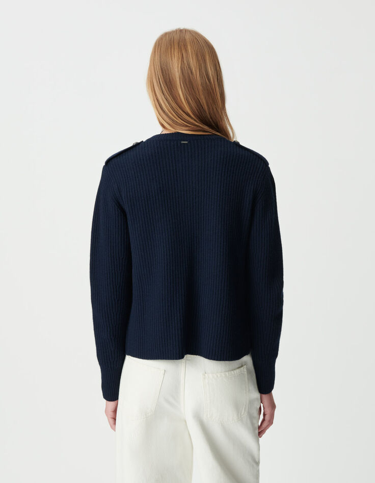 Marineblaue Damen-Kurzstrickjacke 100 % Rippwolle-3