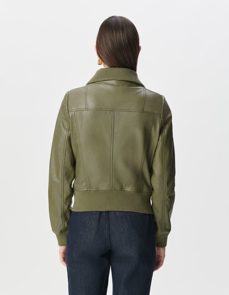 Blouson court kaki cuir délavé Femme-4 Blouson court kaki cuir délavé Femme-4