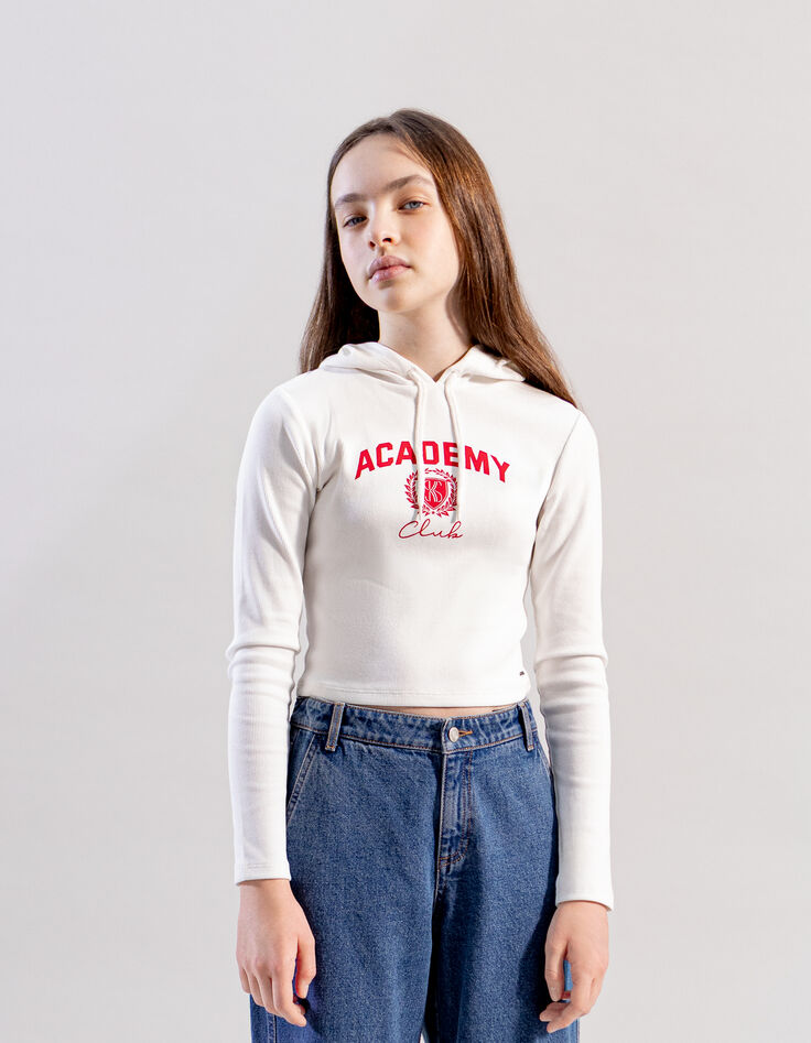 Ecru t-shirt met ribgebreide capuchon en meisjesboodschap-1