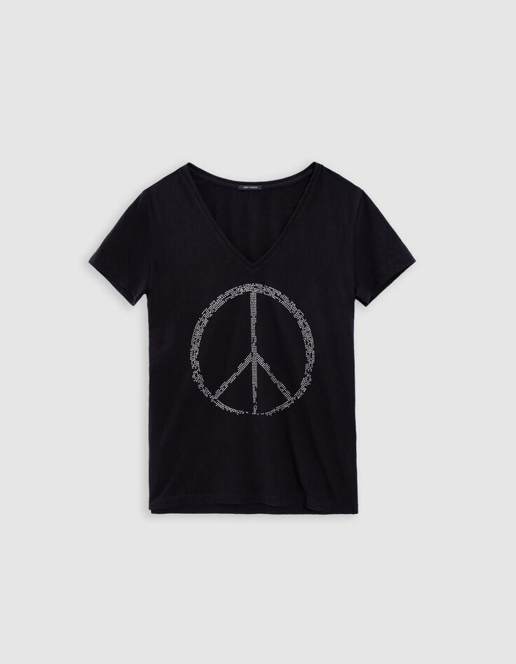 Women's black organic cotton peace and love studded tee-shirt-5
