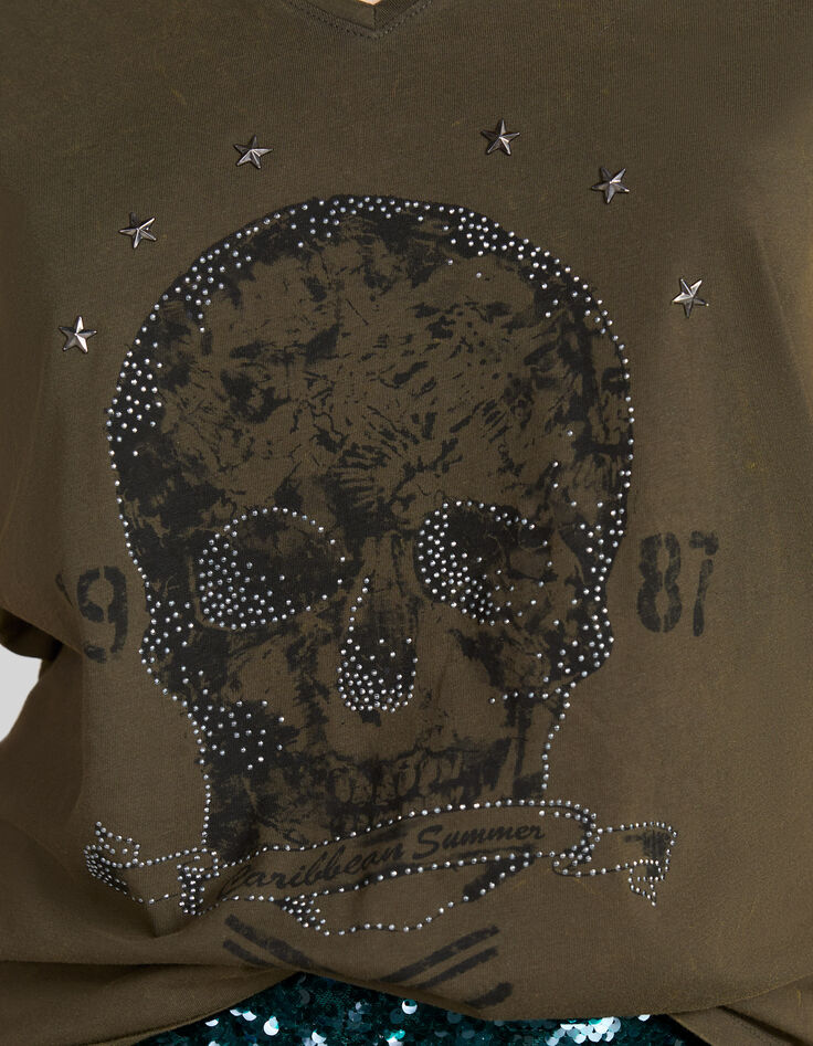 Kaki Damen-T-Shirt mit Totenkopfprint und Strass-4