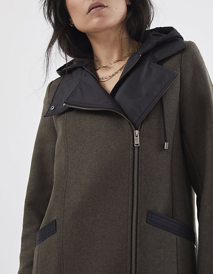 Manteau mi- long kaki majorité laine capuche amovible femme-4
