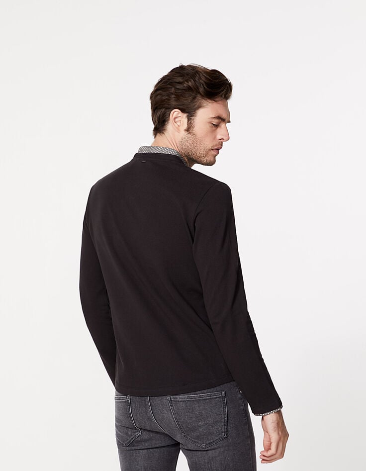 Polo noir à col chemise trompe-l'œil moucharabieh Homme-3 Polo noir à col chemise trompe-l'œil moucharabieh Homme-3