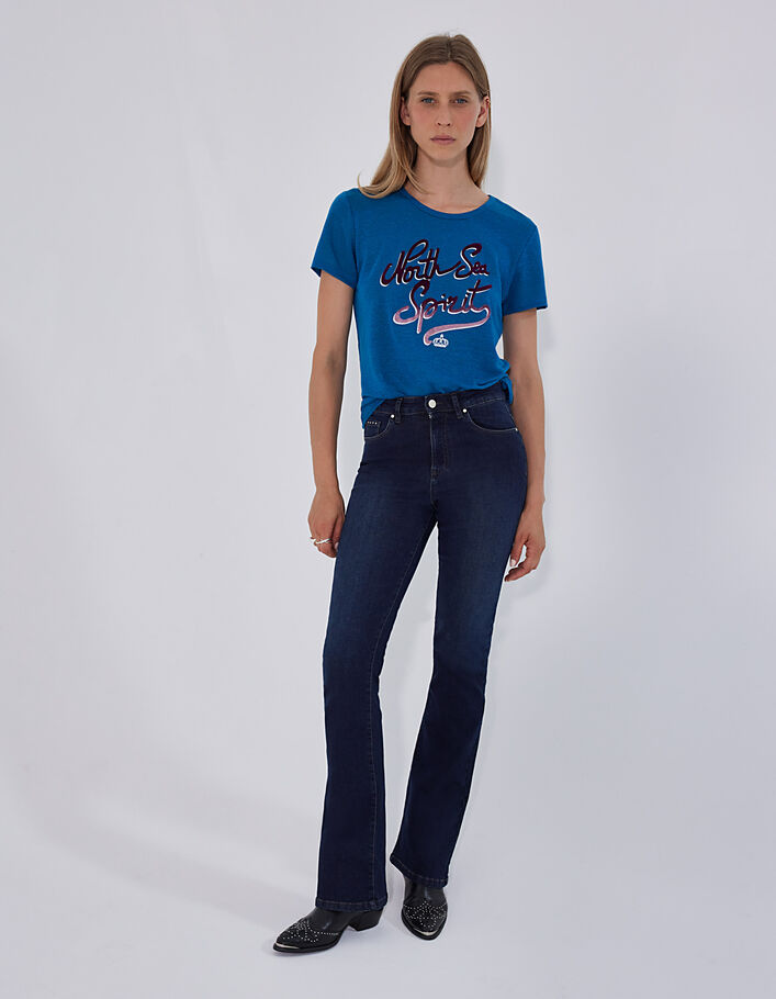 Women’s blue linen T-shirt with flocked velvet graphic-6