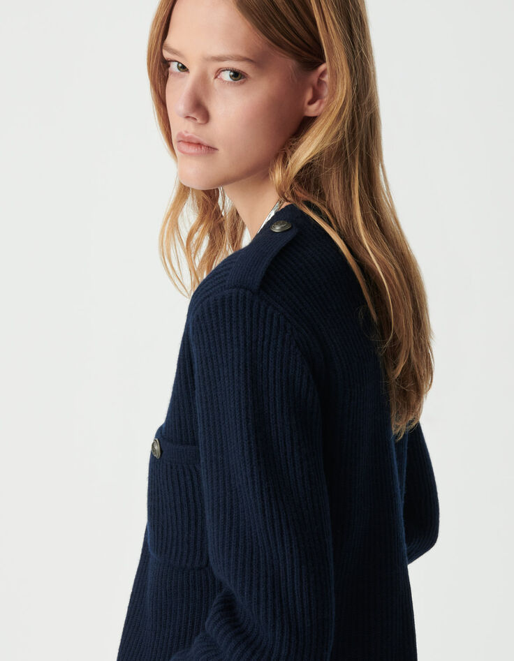 Marineblaue Damen-Kurzstrickjacke 100 % Rippwolle-4