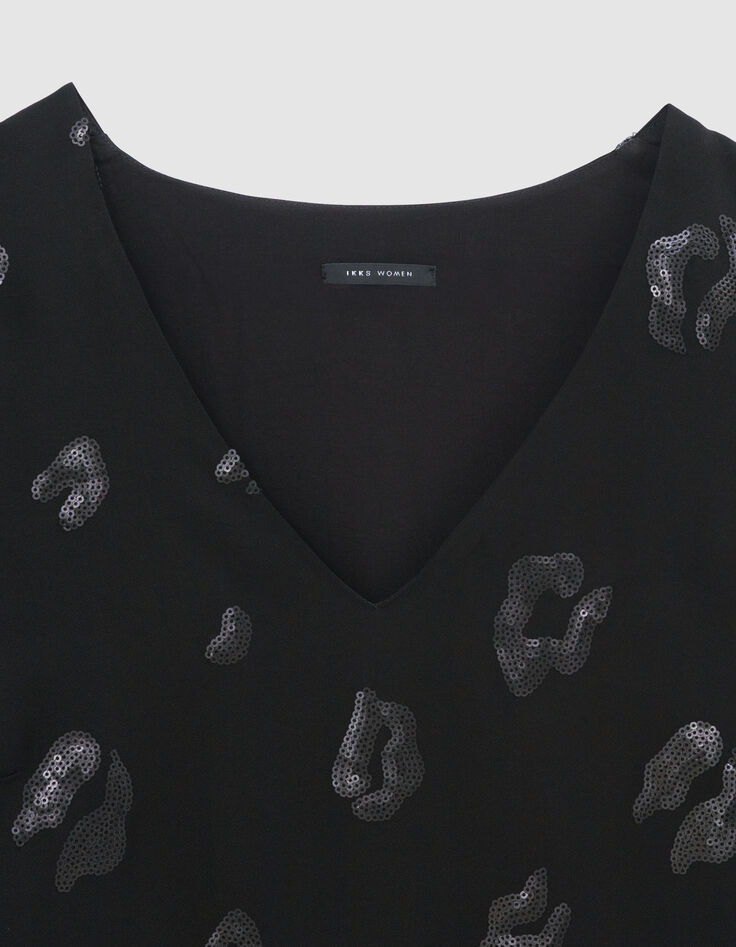 Vestido cruzado negro con estampado de leopardo y lentejuelas bordadas para mujer-6