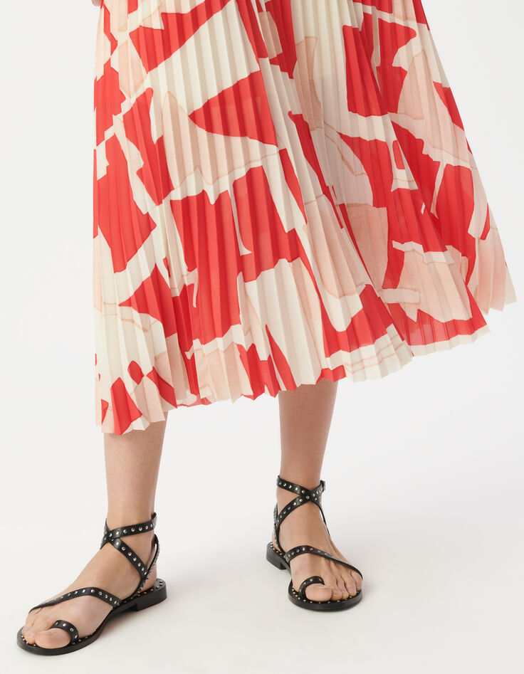 Roter, plissierter, geometrisch bedruckter langer Rock für Damen-4