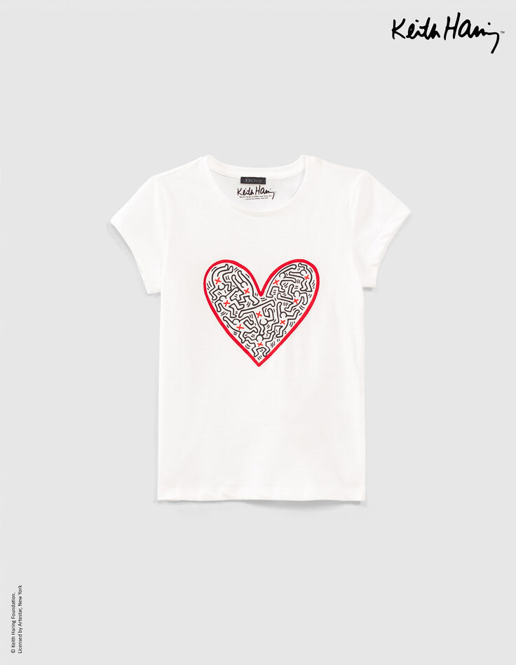 Tee-shirt blanc cass&eacute; KEITH HARING x IKKS &agrave; c&oelig;ur fille-1
