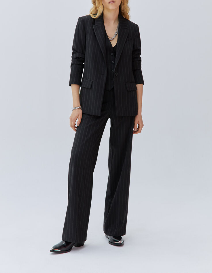 Women’s black high-waist wide-leg pinstripe trousers-6