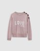 Pull alpaga m&eacute;lang&eacute; rose jacquard message et boutons Femme-5