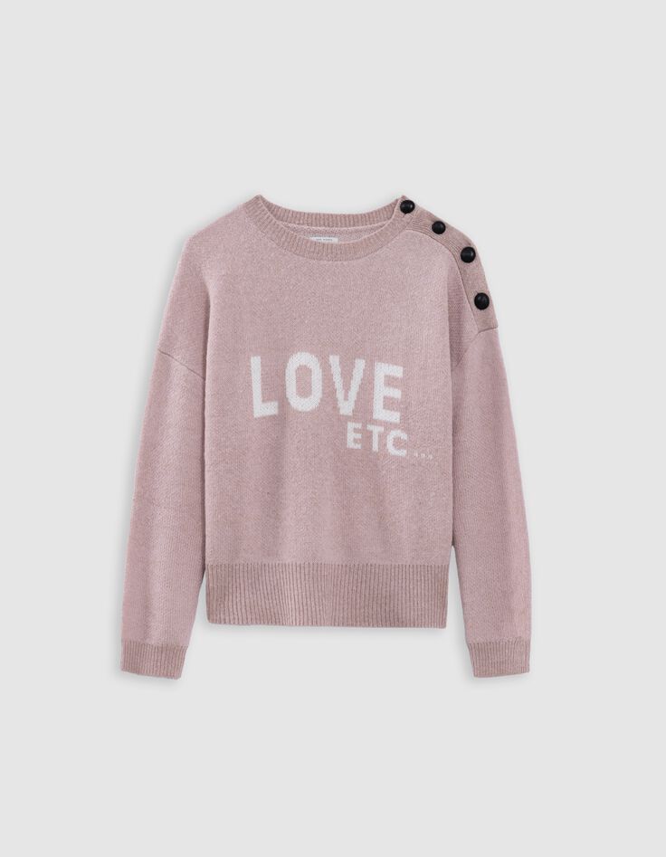 Pull alpaga m&eacute;lang&eacute; rose jacquard message et boutons Femme-5