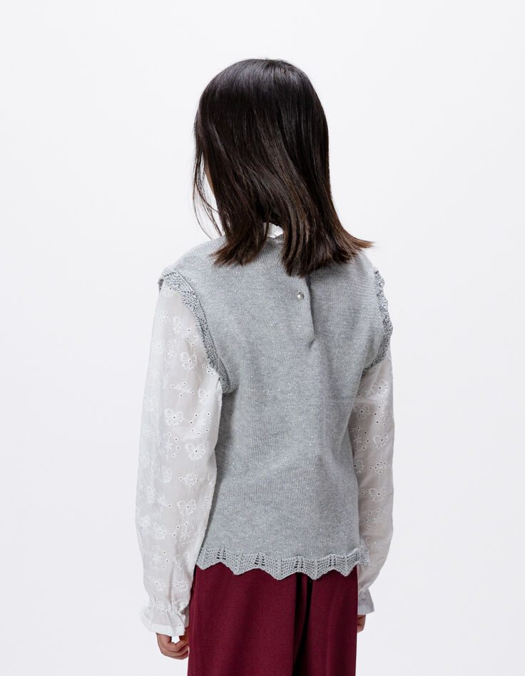 Girls’ grey knit sweater with embroidered poplin sleeves-4