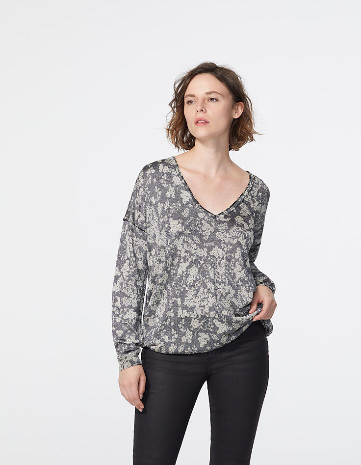 Pull col V en viscose imprimé floral métallisé femme-2 Pull col V en viscose imprimé floral métallisé femme-2