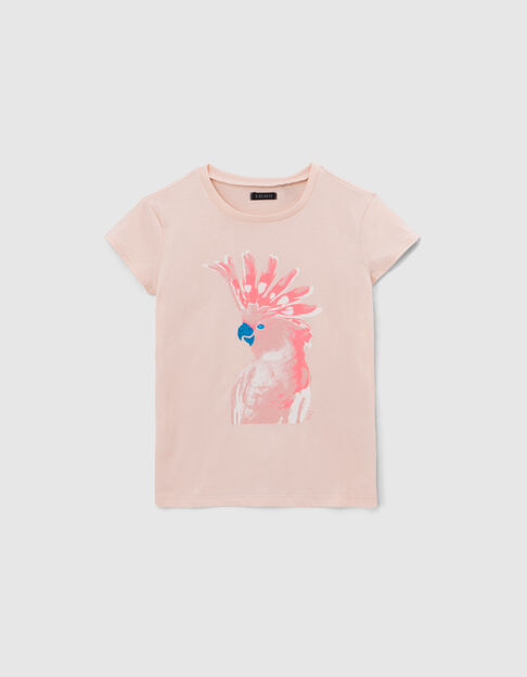 Girls’ pink T-shirt with blue glitter parrot image - IKKS
