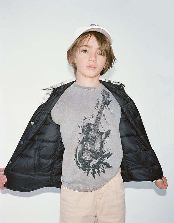 Boys’ grey organic T-shirt with rock guitar image