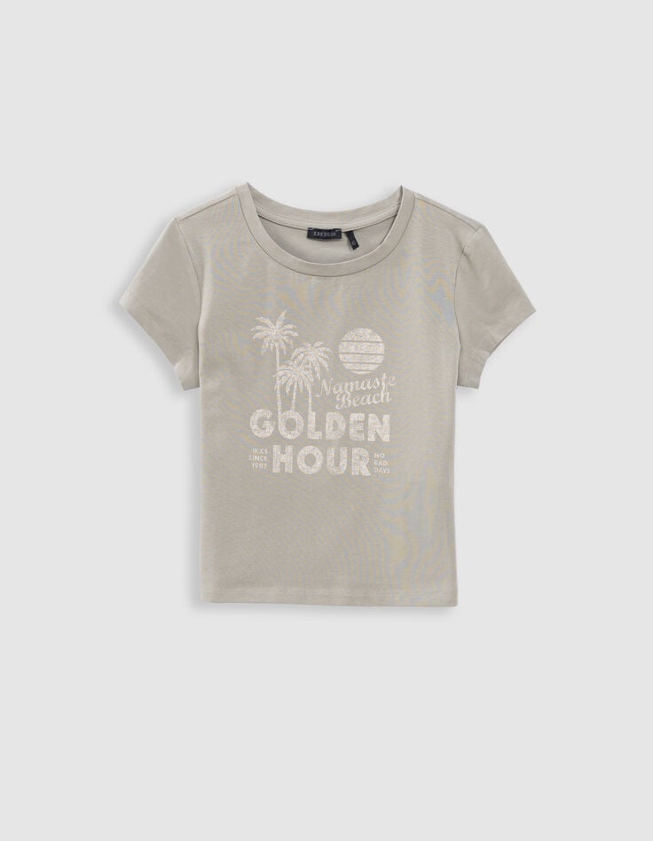 T-shirt vert messages et palmiers cropped fille-3