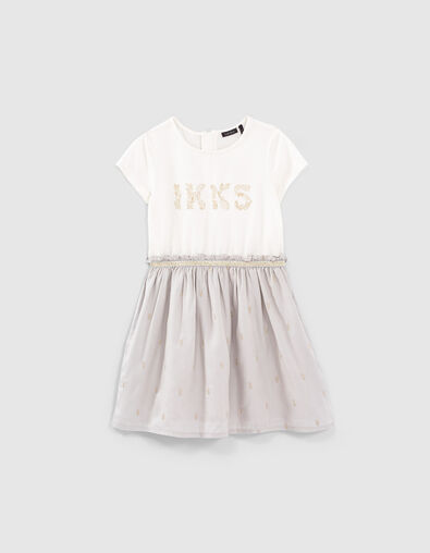 Girls’ light grey mixed-fabric dress with gold embroidery - IKKS