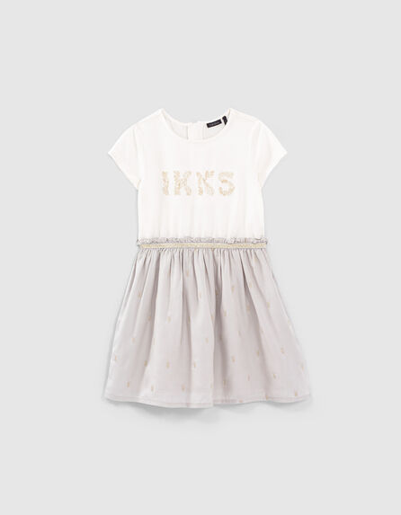 Girls’ light grey mixed-fabric dress with gold embroidery