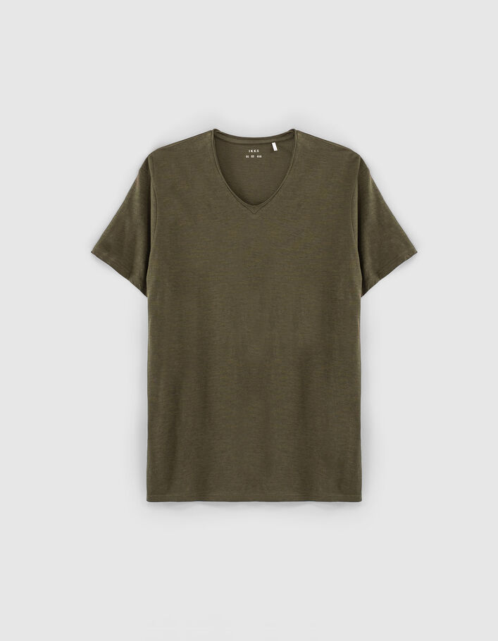 Dark Khaki Herren-T-Shirt Essentiel mit V-Ausschnitt - IKKS