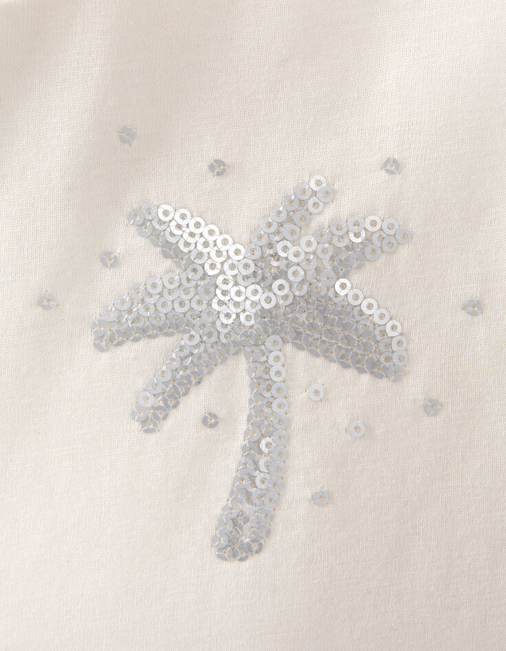 Ecru T-shirt met geborduurde palmen en lovertjes meisjes-5
