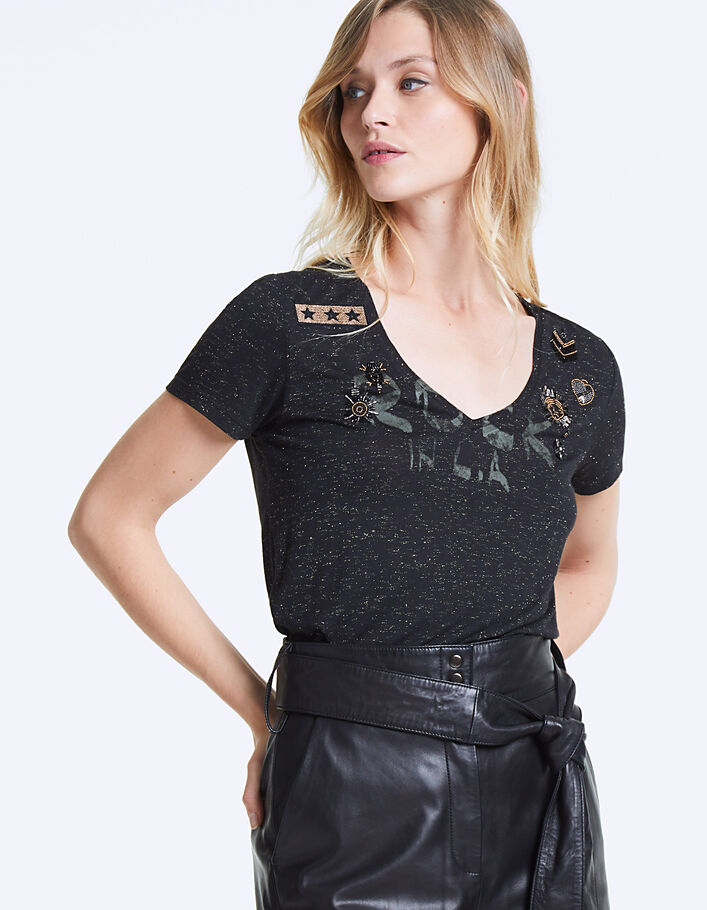Women's black V-neck T-shirt, bead embroidery - IKKS