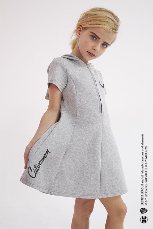 ikks kid girl grey short sleeve skater dress with hood with built-in catwoman mask