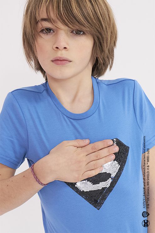 Elektrisch blauw T-shirt met korte mouwen met superman-logo in omkeerbare lovertjes ikks kid boy